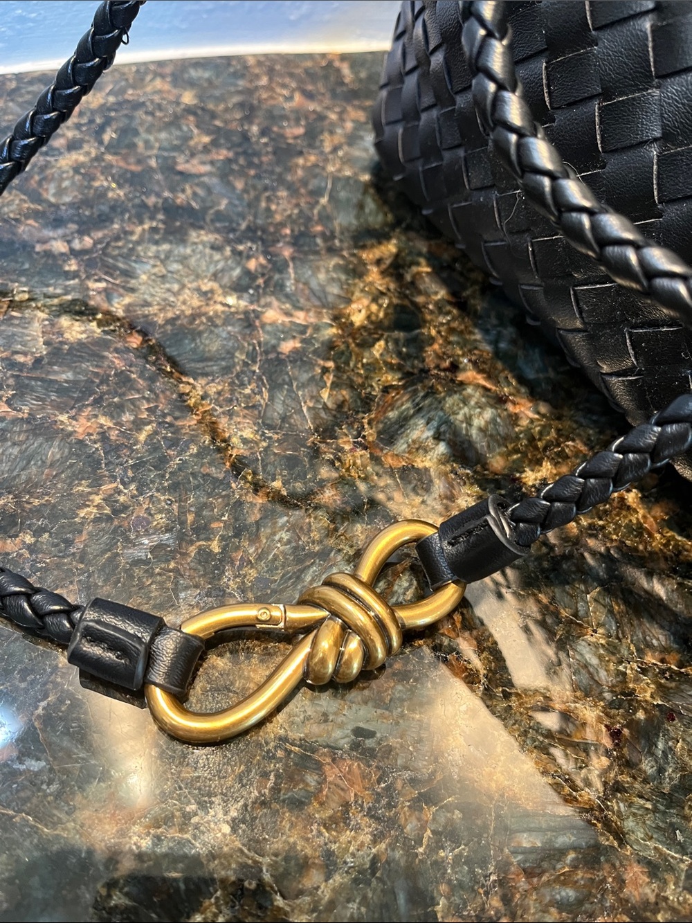 Black Woven Leather Shoulder Tote with Braided Strap and Gold Accent - Picture 5 of 6